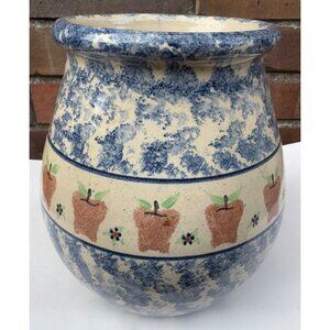 Blue Spongeware Stoneware Utensil  Holder Apple Core Farmhouse Country Kitchen